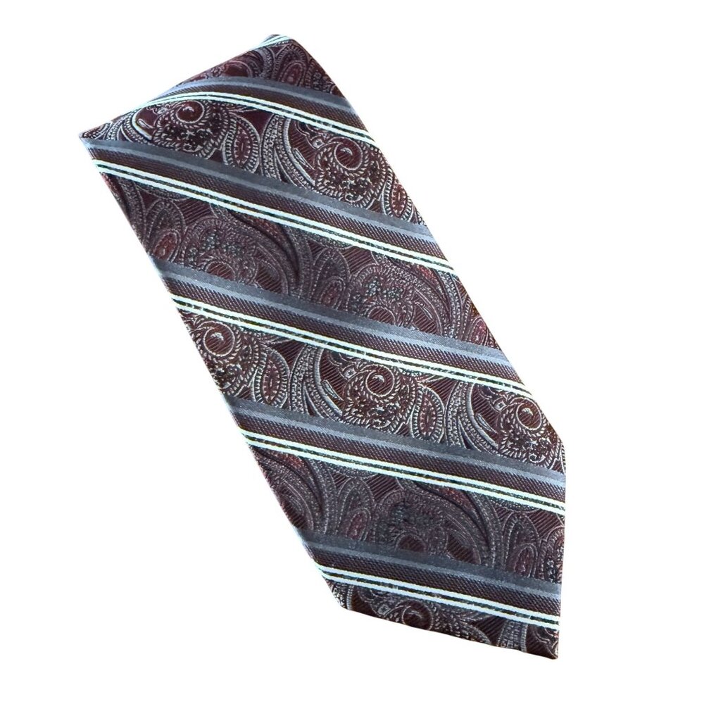 Pronto Uomo Couture 100% Silk Burgundy Paisley Striped Mens Neck Tie